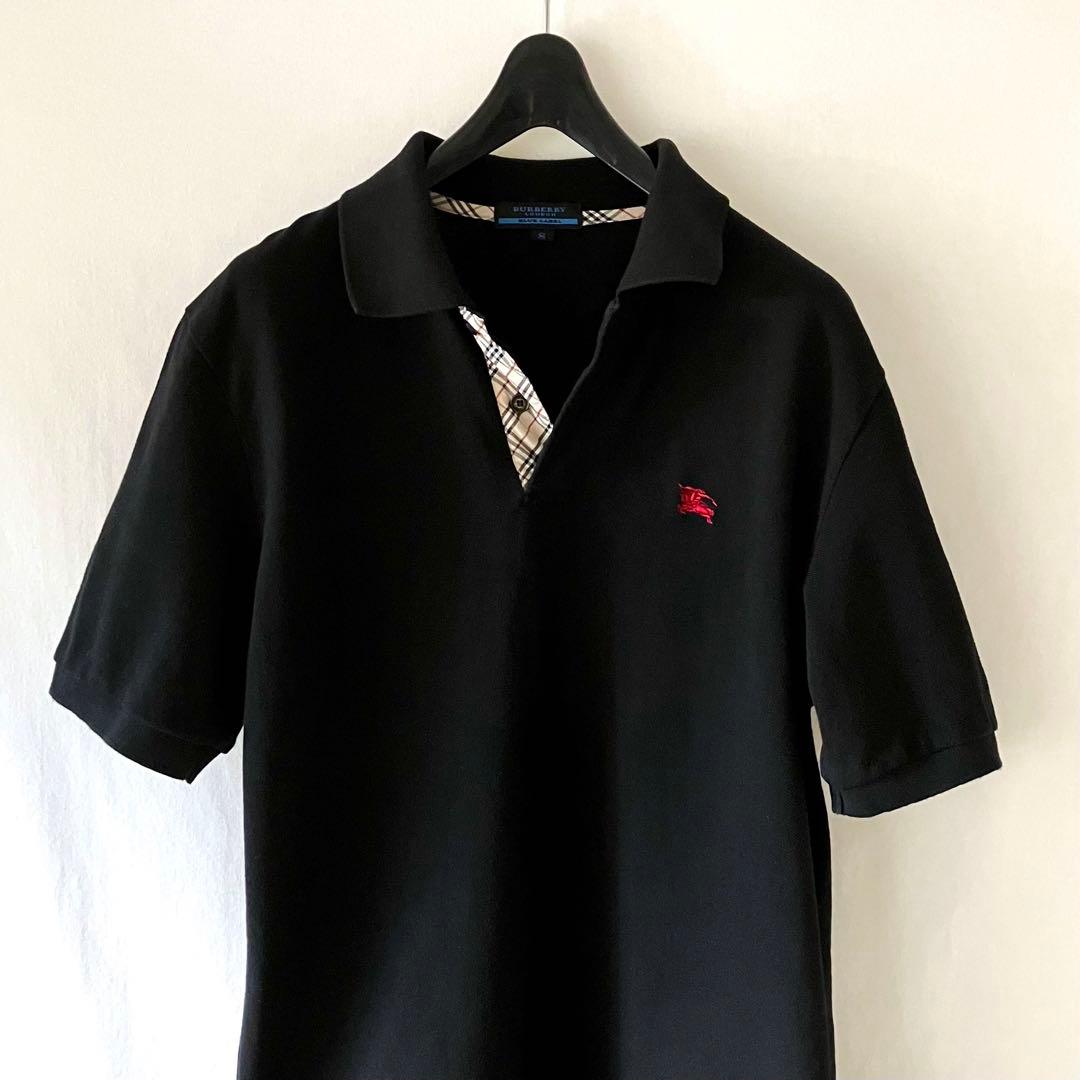 美品 バーバリー ポロシャツ S チェック 黒 無地 三陽商会 日本製