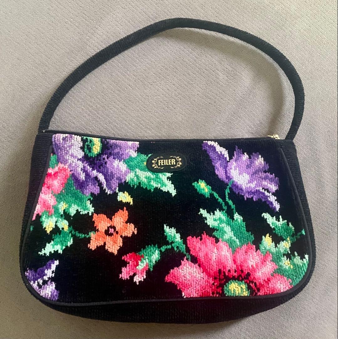 FEILER フェイラー ハンドバッグ 花柄 タオル地 バッグ ブラック
