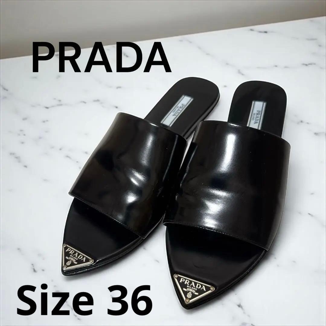 PRADA プラダ ロゴ ミュール サンダル 36 黒 ブラック　フラット 楽天市場】プラダ サンダル ミュール ブラック レディース PRADA