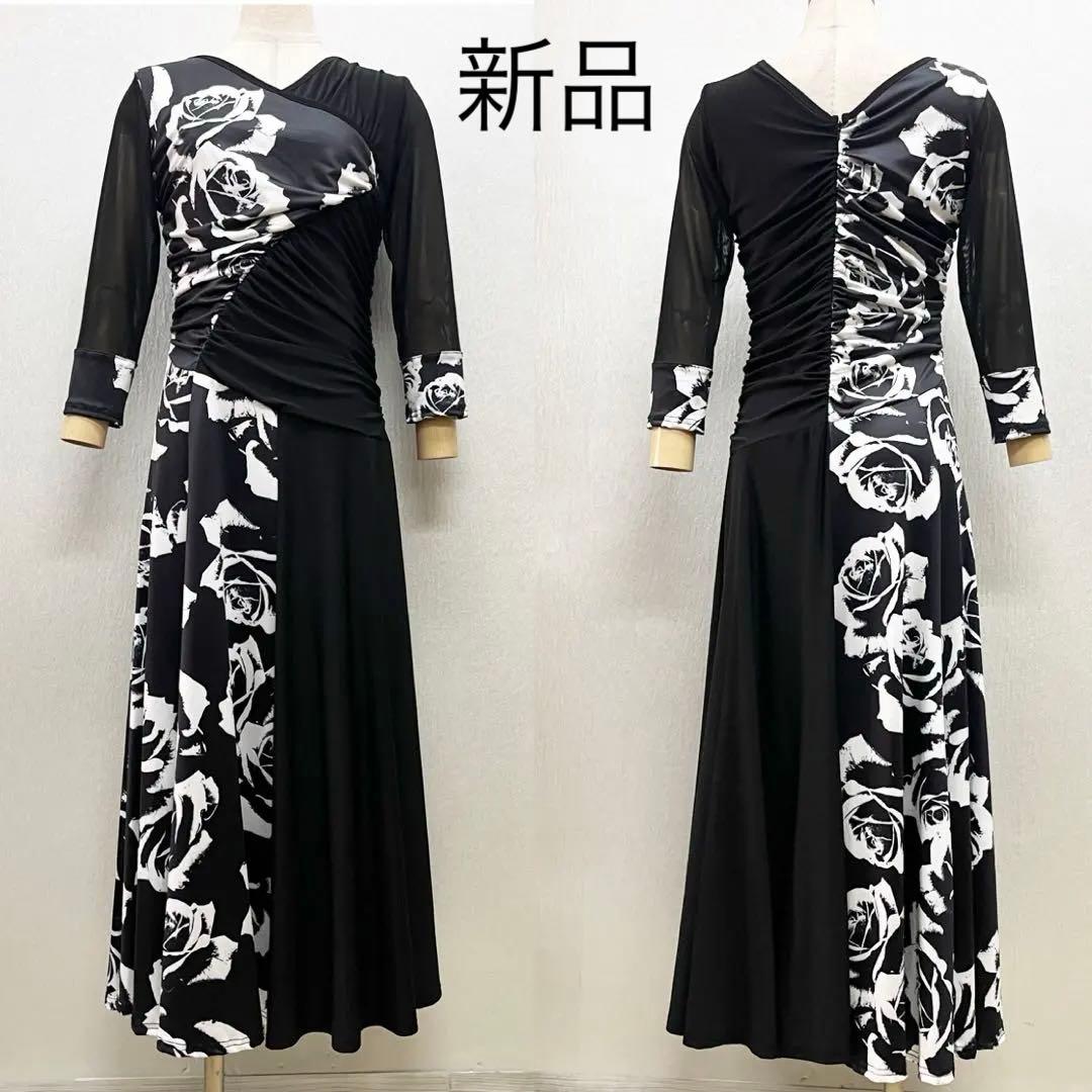 新品 社交ダンス ワンピース ブラック バラ柄 プリント サイズML