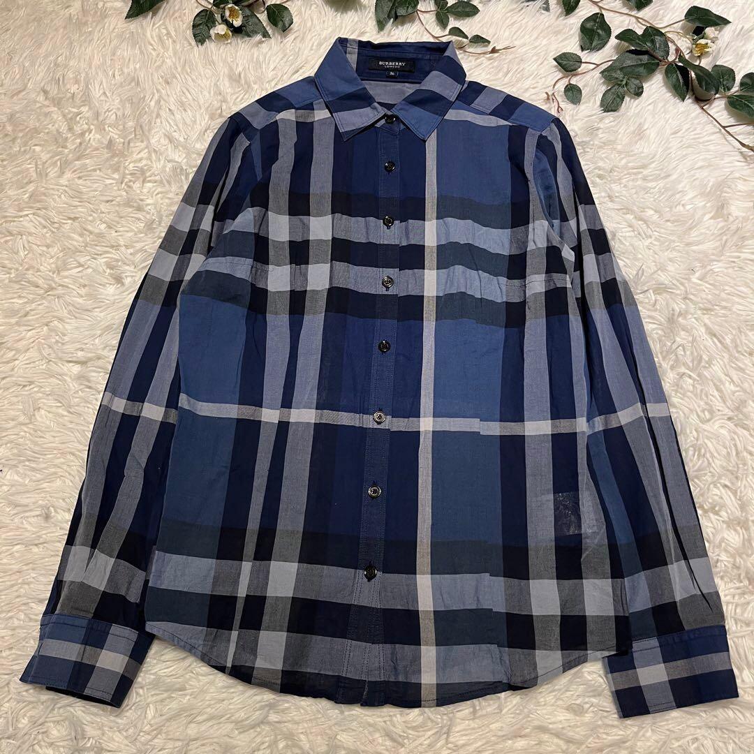 美品 バーバリーロンドン メガチェック ブルー 長袖シャツ 36 M