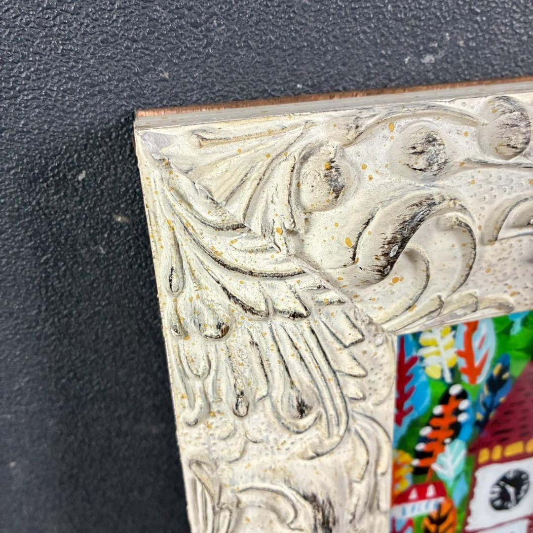 柚木沙弥郎「時計台の森」ガラス絵 肉筆 直筆サイン入 共シール 民藝