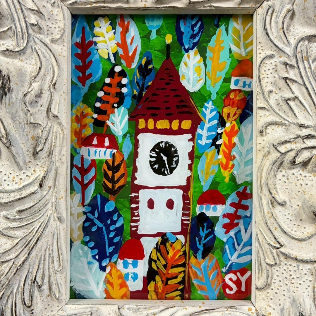 柚木沙弥郎「時計台の森」ガラス絵 肉筆 直筆サイン入 共シール 民藝