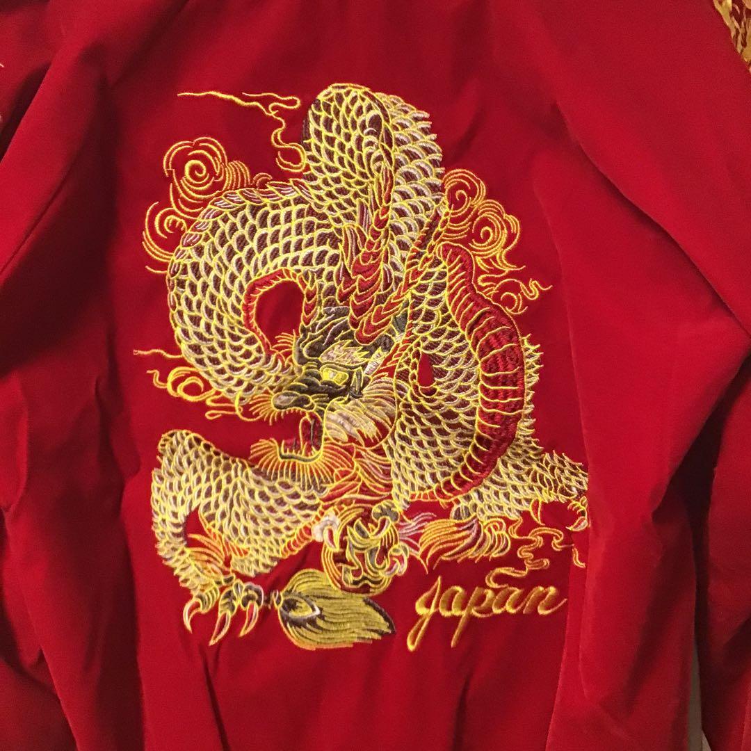 スカジャン 別珍 ベロア ドラゴン刺繍 レッド - メルカリ