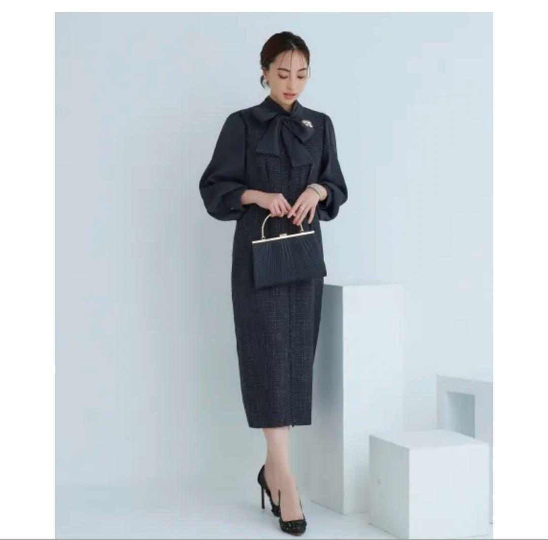 新品 ルイルエブティック ミックスツイードコンビ・ロングナローワンピースドレス ミックスツイードコンビ・ロングナローワンピースドレス「U1206」