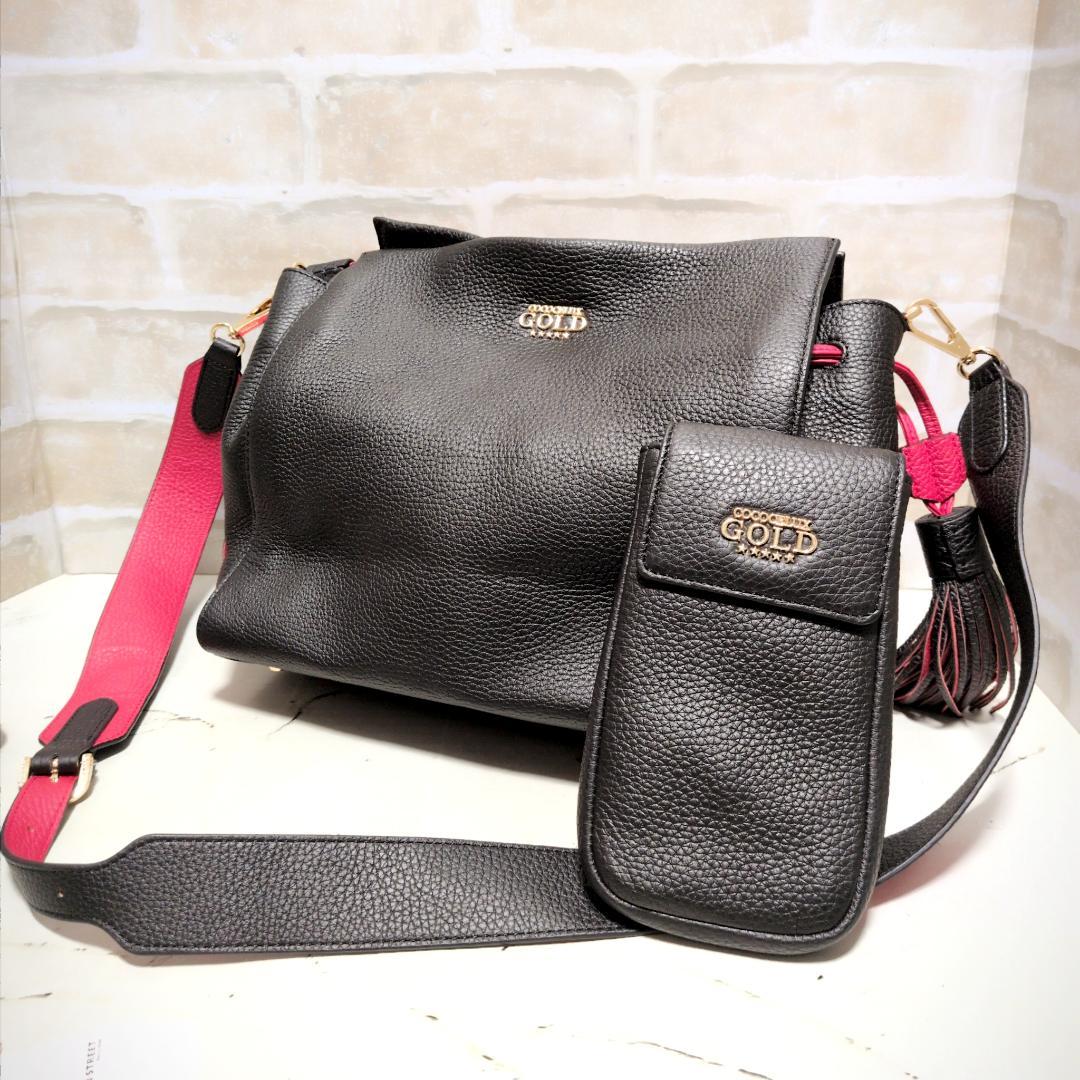 ☆ココセリュックスゴールド 2WAY シボ革 バッグ スマホケース付 黒赤