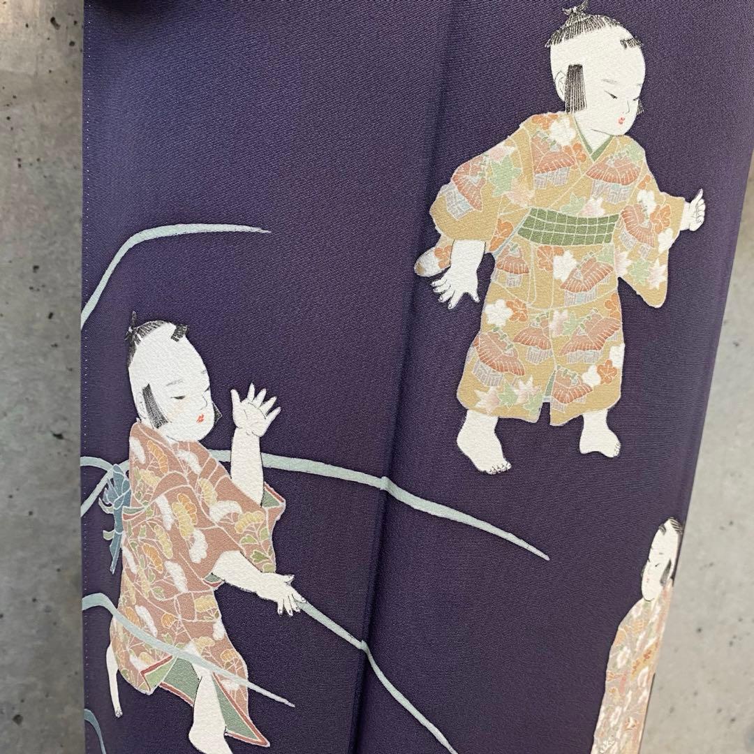 正絹 訪問着 童子柄 落款 一つ紋 紫系 袷 - メルカリ