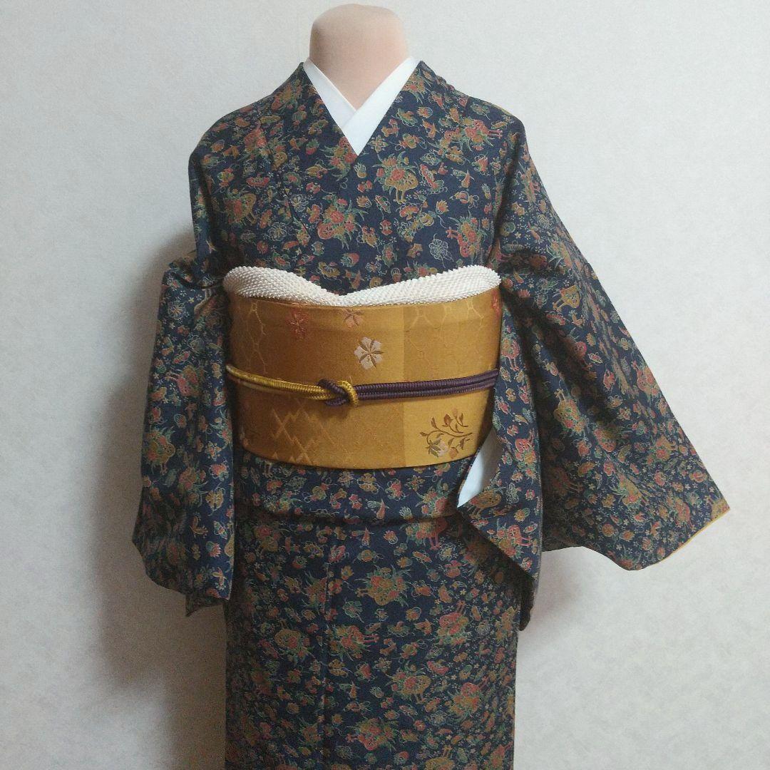 小紋着物 ＊花柄 ＊化繊＊ 藍紺色 - メルカリ