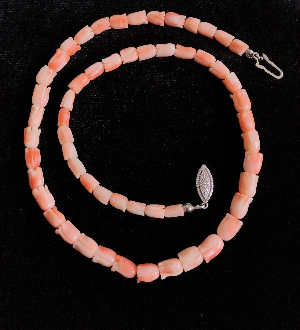 ネックレス 本珊瑚 ピンクサンゴ 彫刻 チューリップ シルバー製 留め具