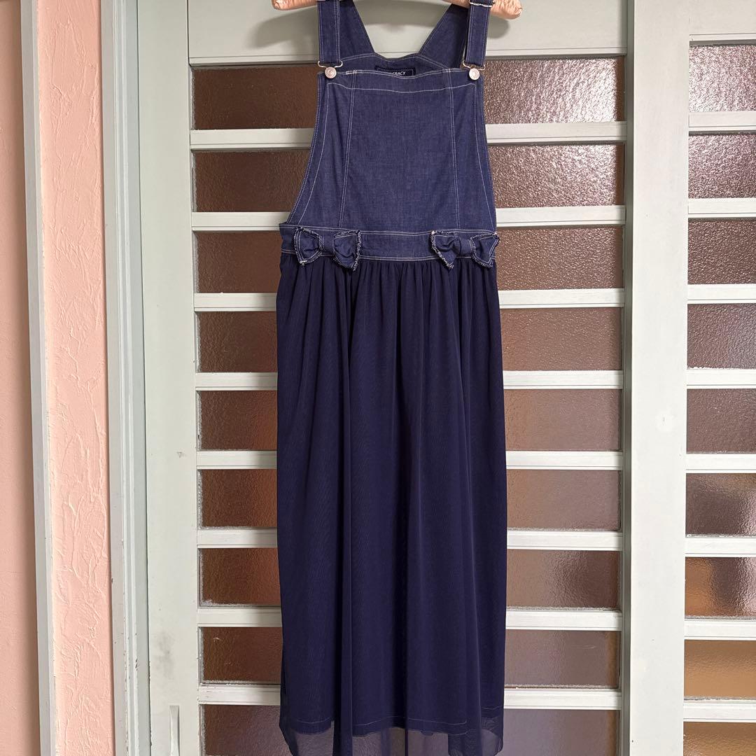 M'S GRACY ネイビー デニムチュールジャンパースカート40 チュール被せデニムジャンパースカート | msgracy