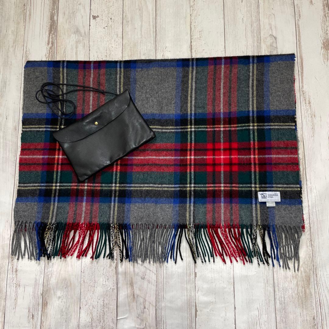 美品:Johnstons ジョンストンズカシミヤ100%大判ストール:チェック柄