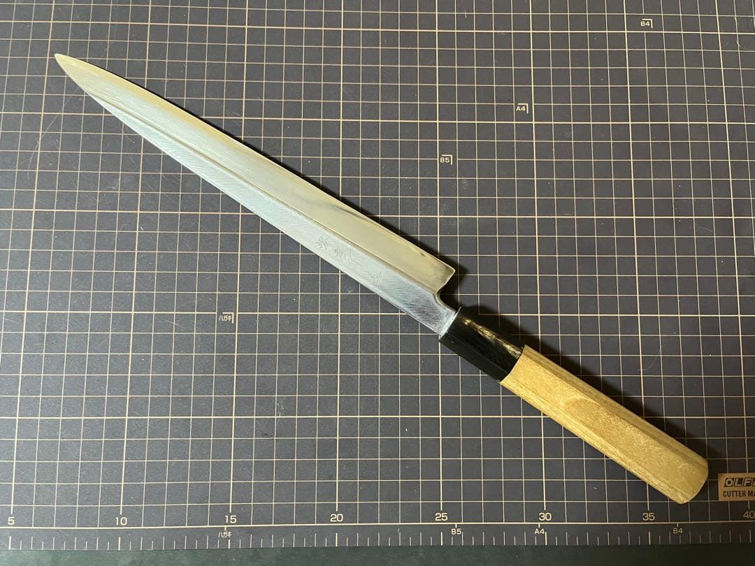 ステン本焼V金10号先丸柳刃包丁30cm黒水牛黒檀八角柄