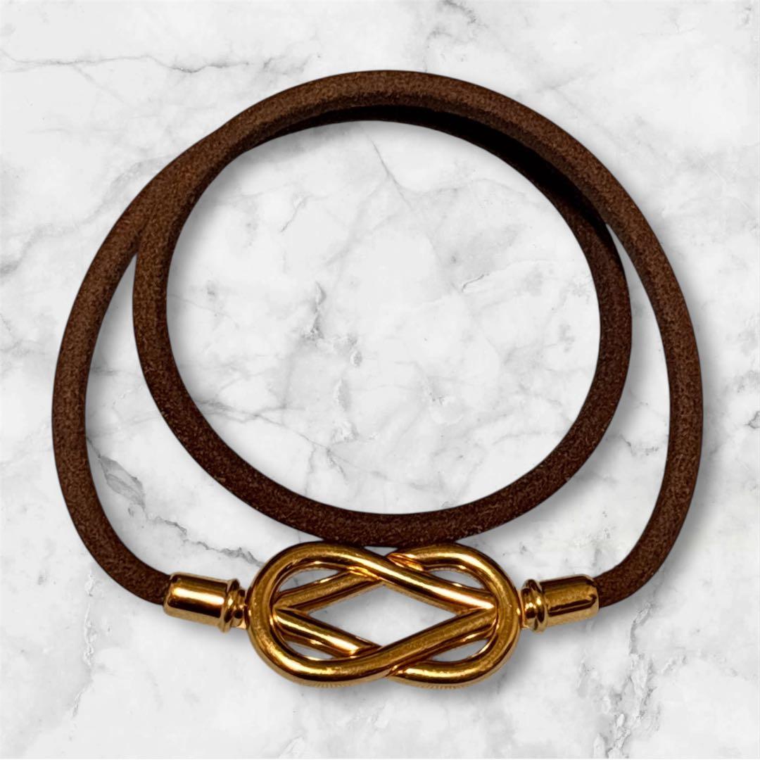 美品】HERMES エルメス アタメ チョーカー レザー ブラウン&ゴールド