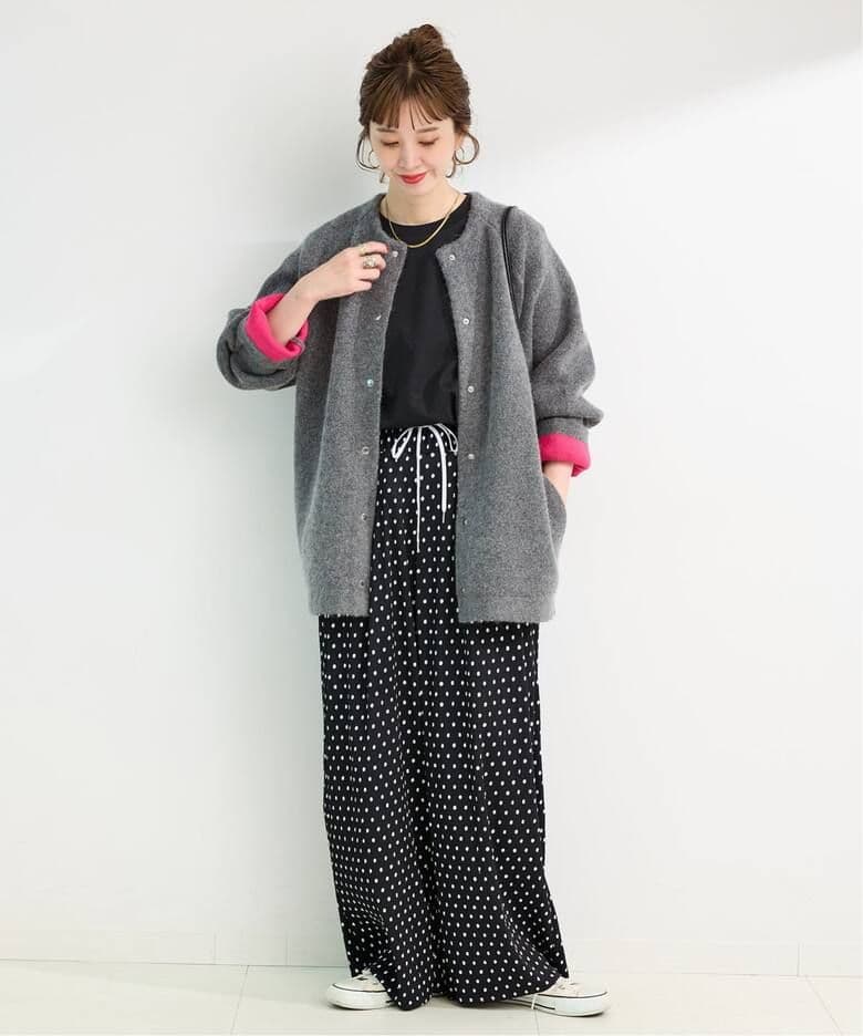 simplicite 2層スムース編みロングカーディガン グレーピンクフォックス