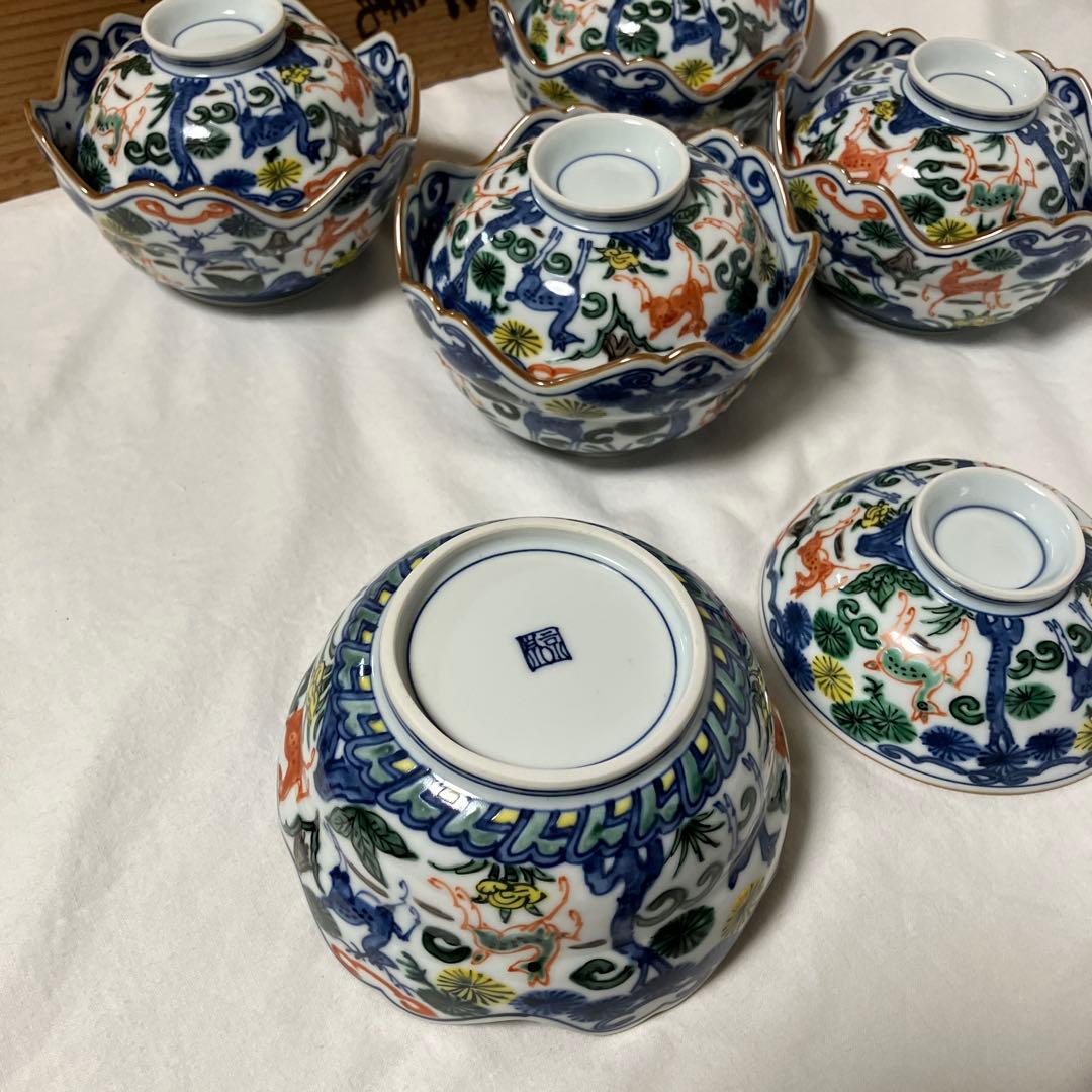 平安京泉　向付　５客　色絵　松鹿文　蓋向付