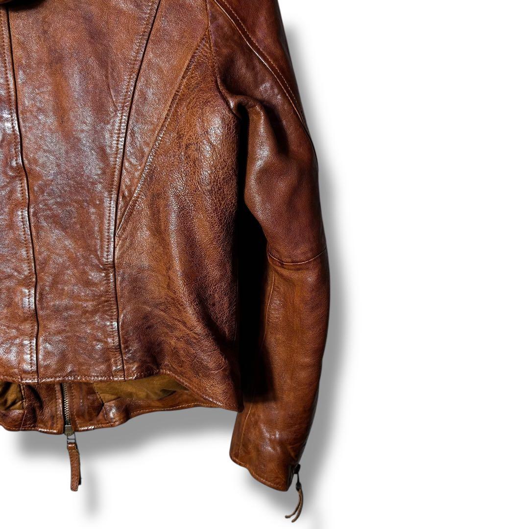 Goa 襟ファー　フード付きラムレザーシングルライダースジャケット　Y2K