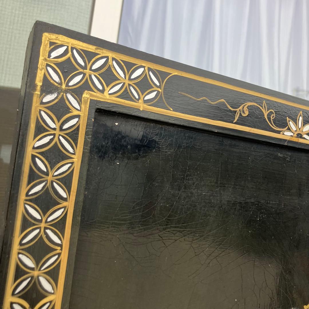 中国骨董 螺鈿細工 女性 古典画装飾彫り 木製 4連パーテーション 衝立