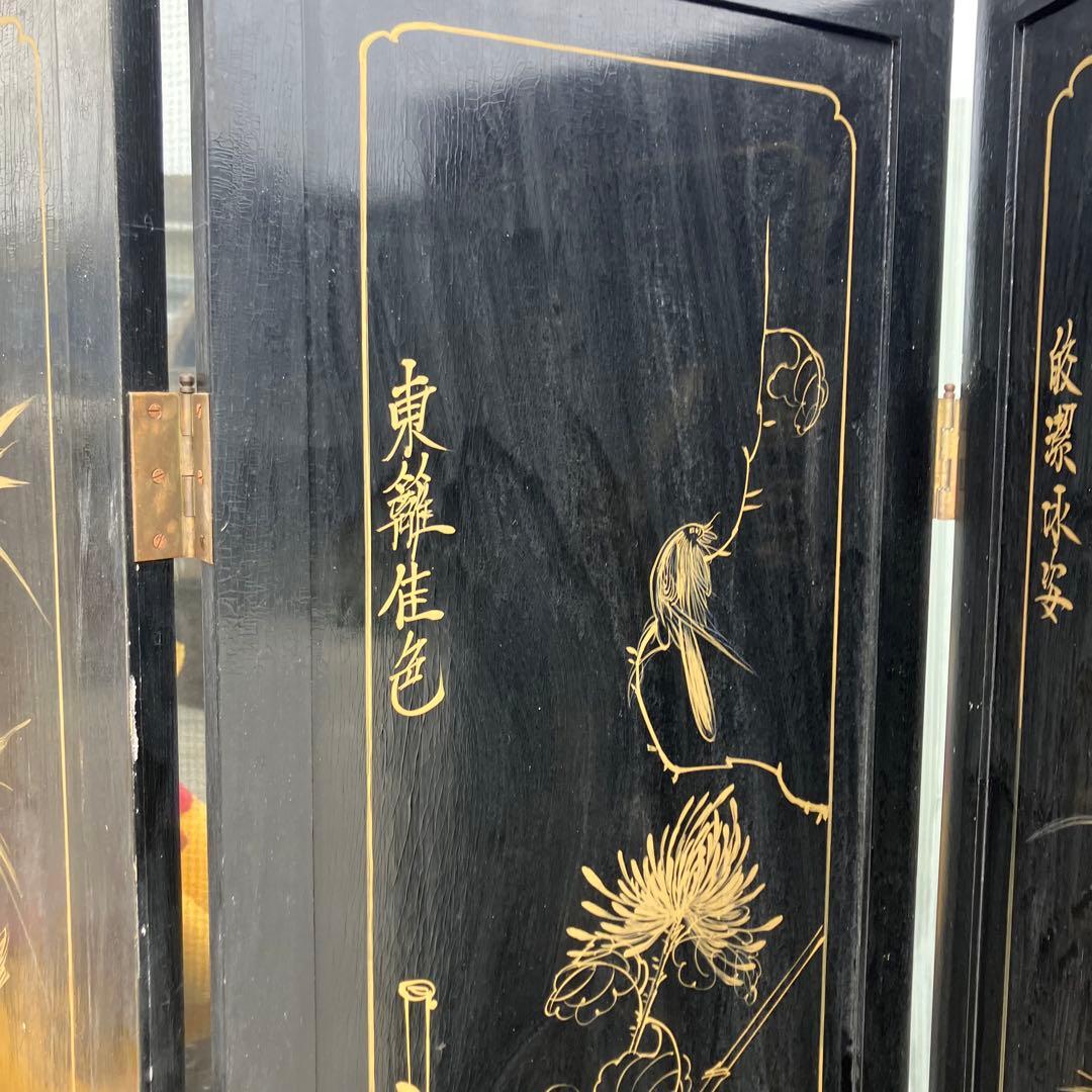 中国骨董 螺鈿細工 女性 古典画装飾彫り 木製 4連パーテーション 衝立