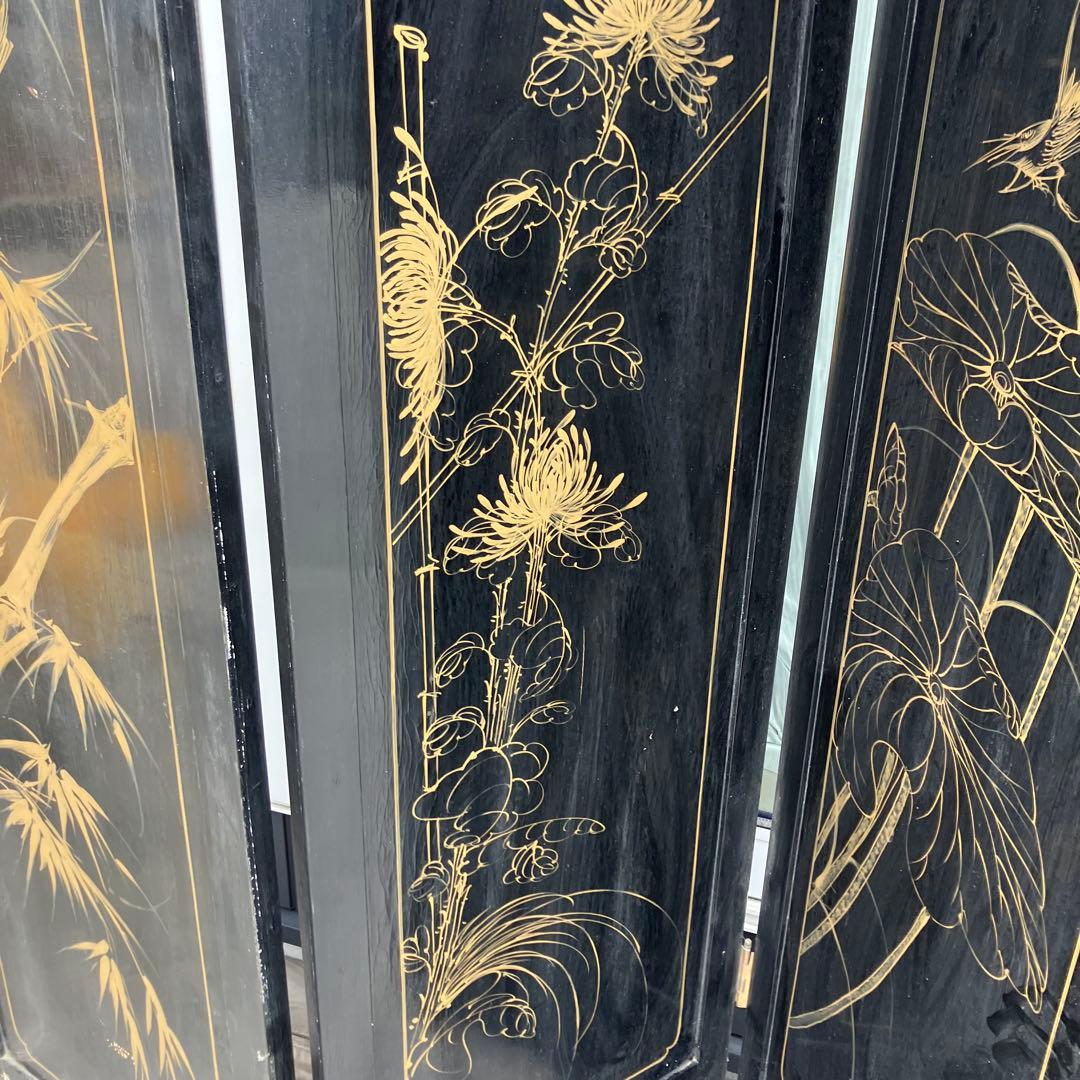 中国骨董 螺鈿細工 女性 古典画装飾彫り 木製 4連パーテーション 衝立