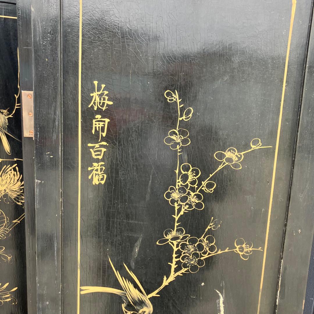 中国骨董 螺鈿細工 女性 古典画装飾彫り 木製 4連パーテーション 衝立