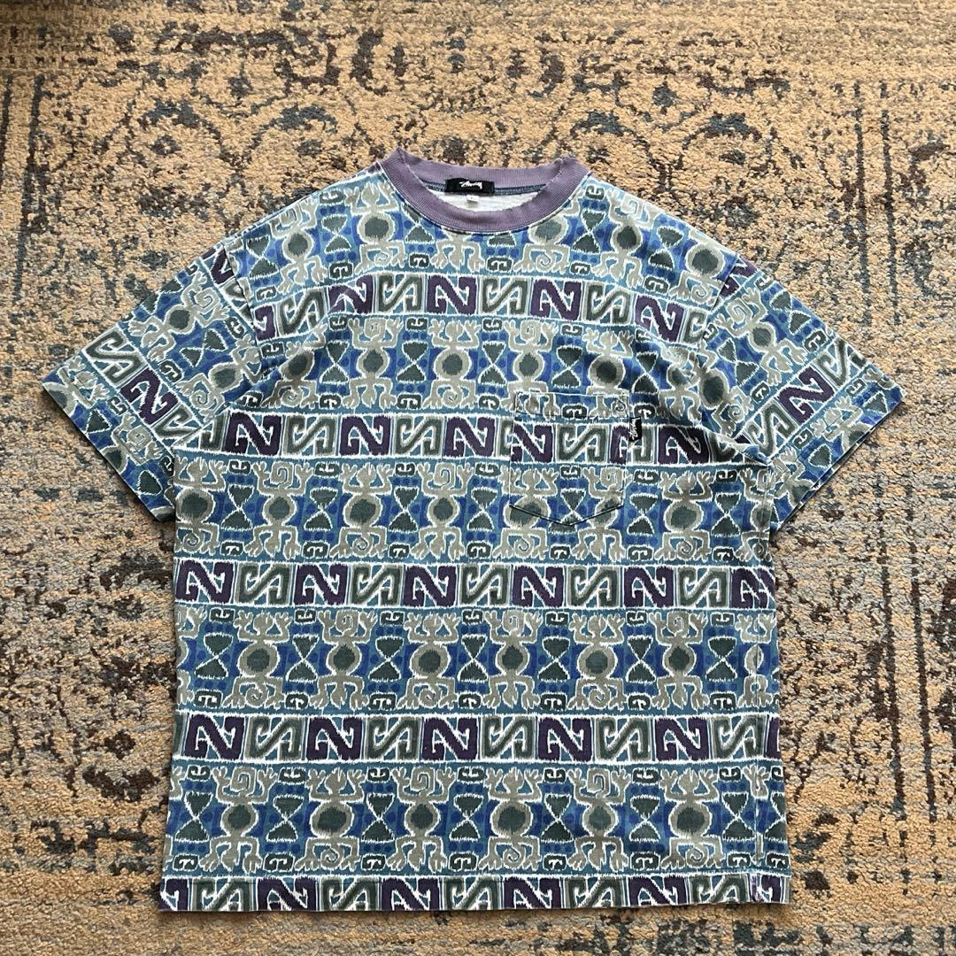 80s stussy ステューシー トムトム柄 初期 黒タグ 総柄 L ボーダー
