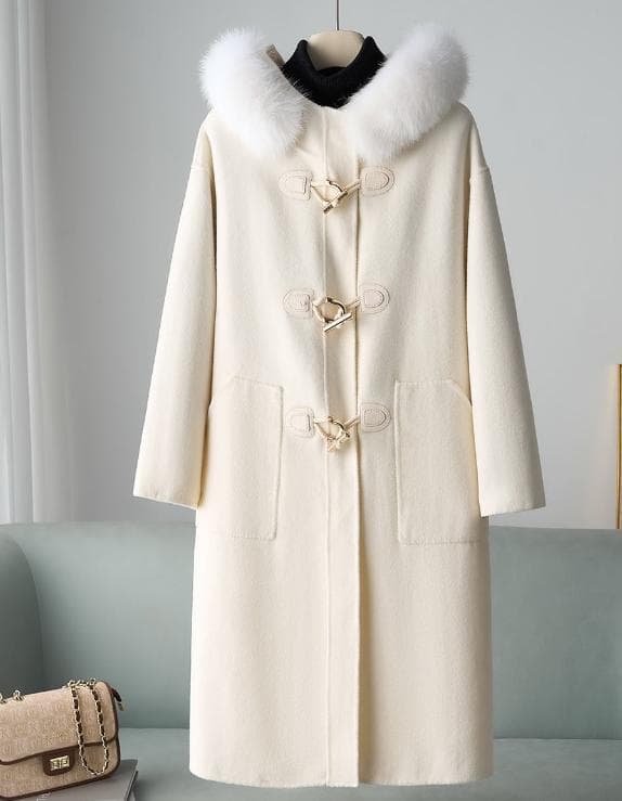 新品フード付きフォックス衿優しい雰囲気のカシミヤ混ウールロング