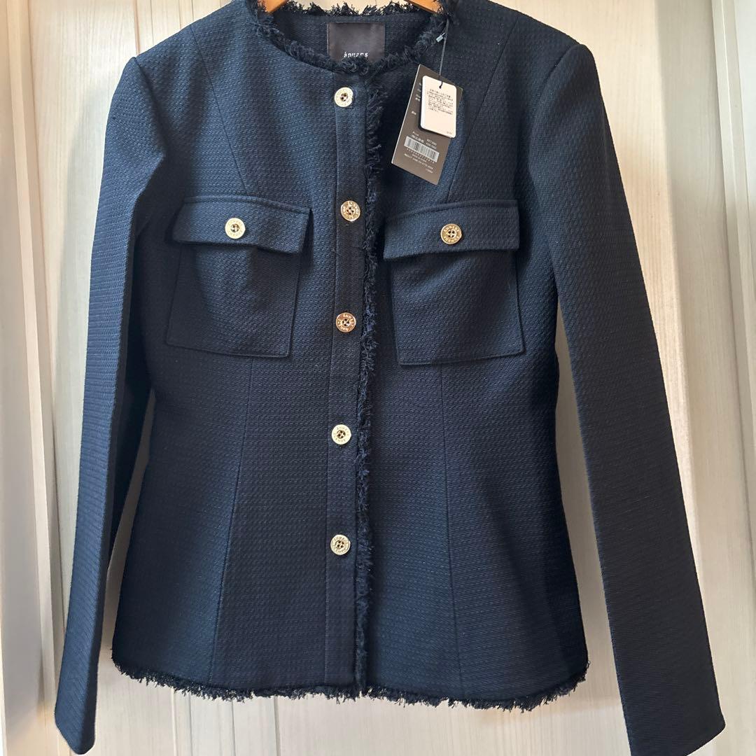 完売 アニュアンス ツイードノーカラーフォルムジャケット ネイビー