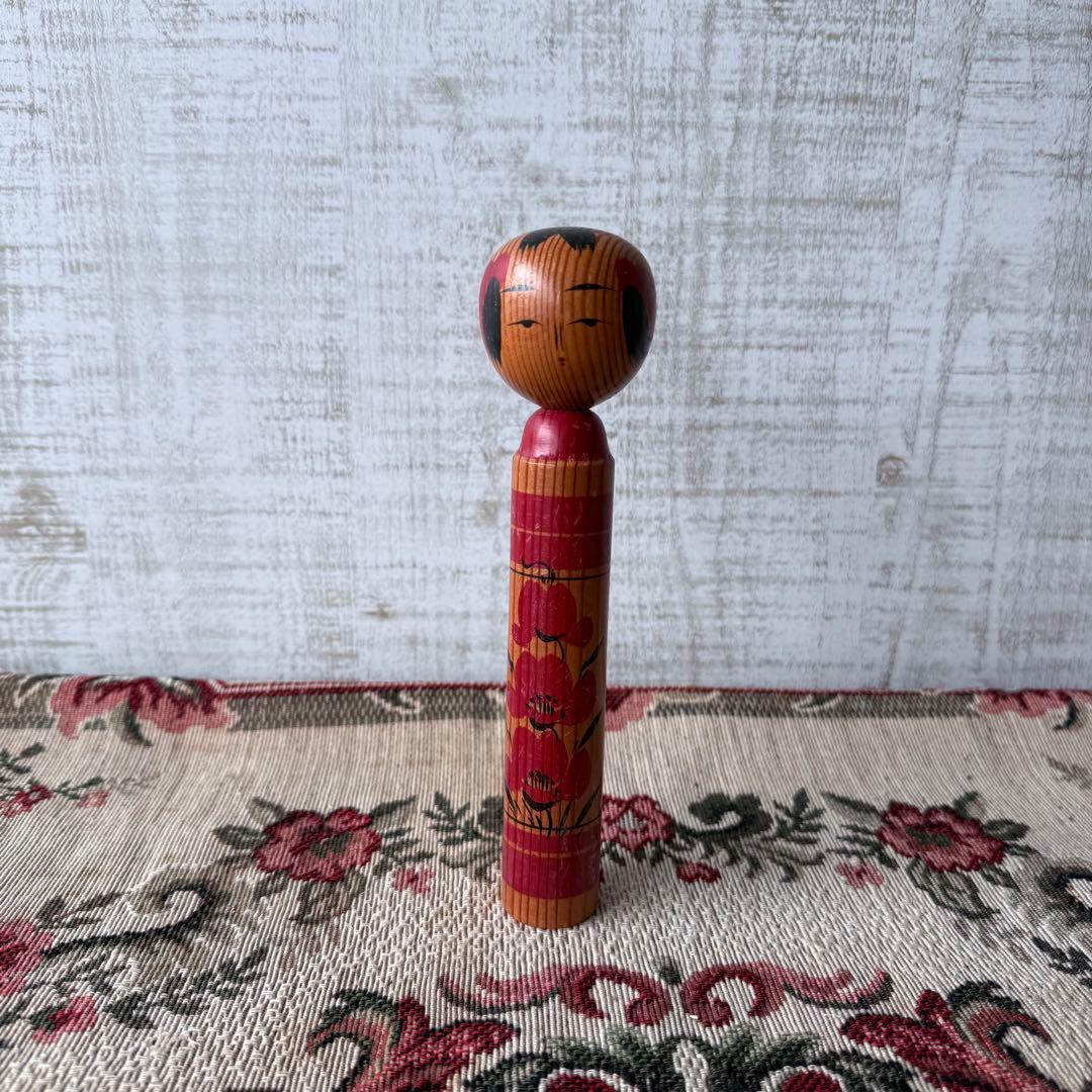 希少】昭和レトロ 木製 こけし 24cm 伝統工芸 手描き 花柄