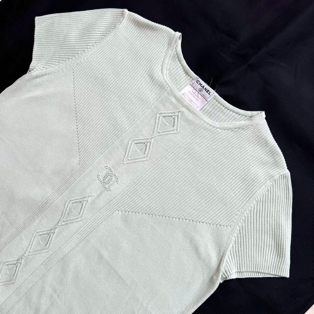 CHANEL ココマーク透かし編み サマーニット リブ グリーン 38