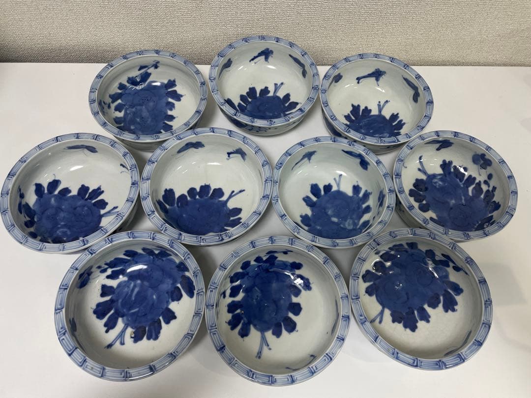 現状品】古伊万里 染付 花蝶柄 菓子鉢10個セット アンティーク レトロ