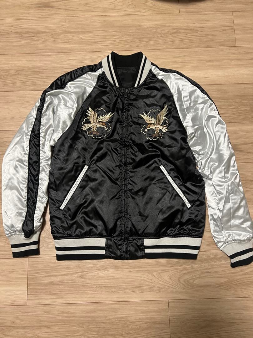 アルファインダストリーズ スカジャン L リバーシブル 黒 シルバー 鷹