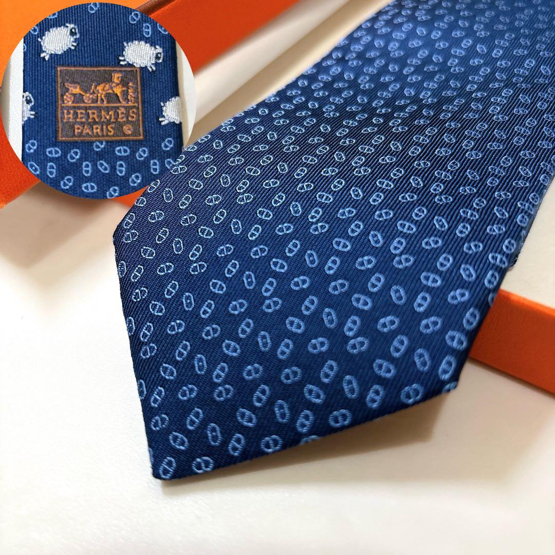 箱付き エルメス シェーヌダンクル ジャガード織 ネクタイ 羊柄 裏ファソネ HERMES（エルメス） ネクタイ TIE メンズ フランス製 シルク H柄