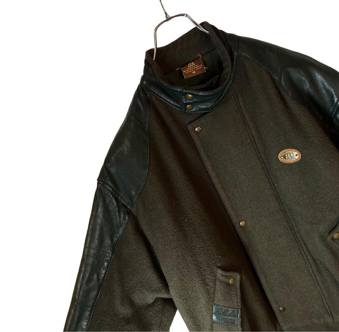 レトロ古着 羊革リアルレザー×ウールくすみグリーンスタジャン中綿裏