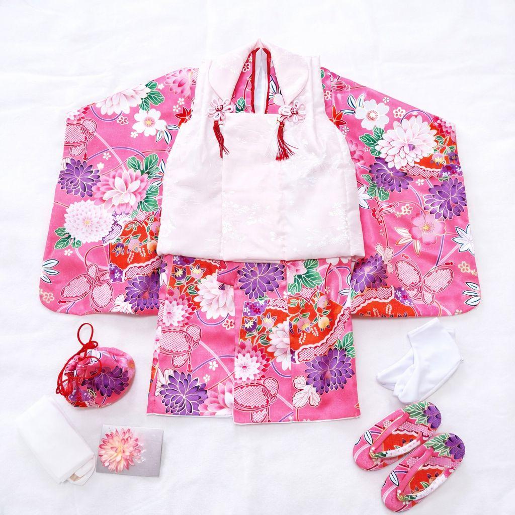 極美品【箱つき8点セット】七五三 子供用 花柄 ピンク 着物 記念