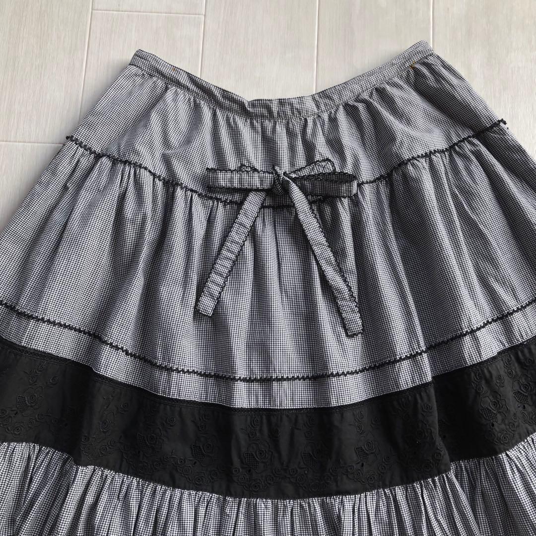 ピンクハウス 白×黒 チェック柄 ローズ刺繍 レース パッチワーク スカート