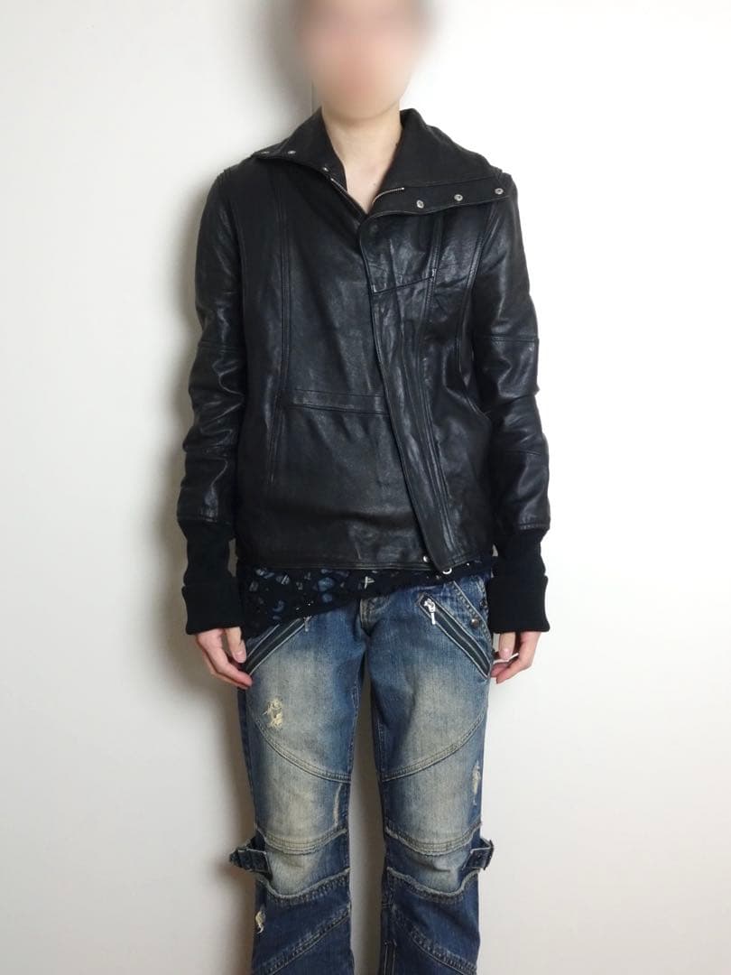 High Neck Leather Riders Jacket Ekam 変形 2010s EKAM - high-neck sheepskin riders jacket - sheepskin leather