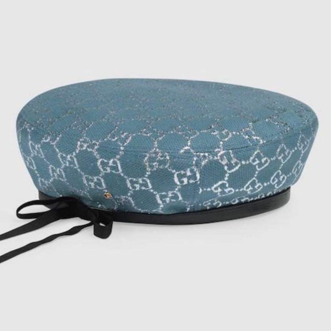 GUCCI グッチ GGパターン ラメベレー帽 青 ブルー Mサイズ 巾着つき