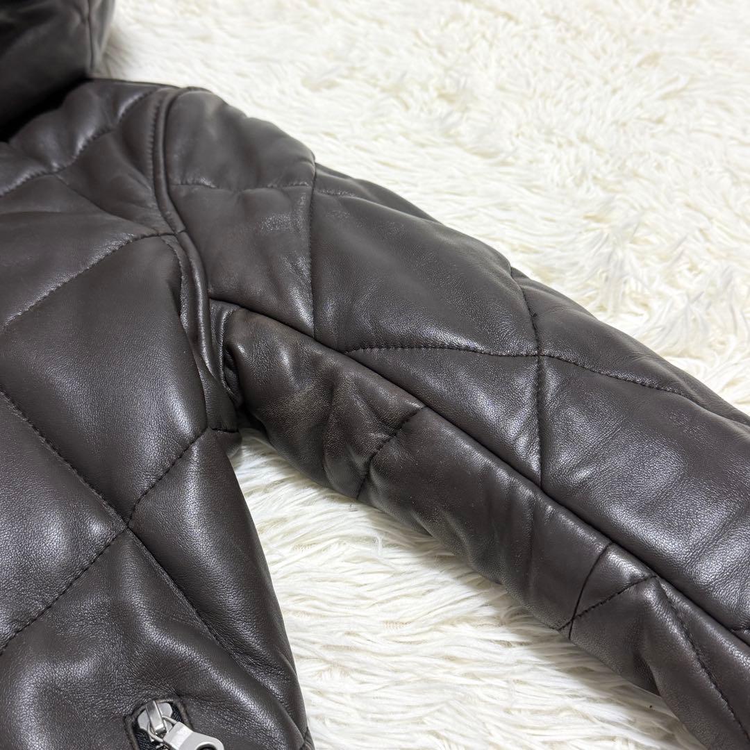 【良品】NO ID. ラムレザージャケット 羊革 キルティング フード ブラウン