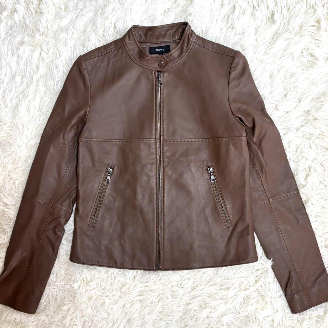 美品】セオリー シングルライダースジャケット ラムレザー ブラウン