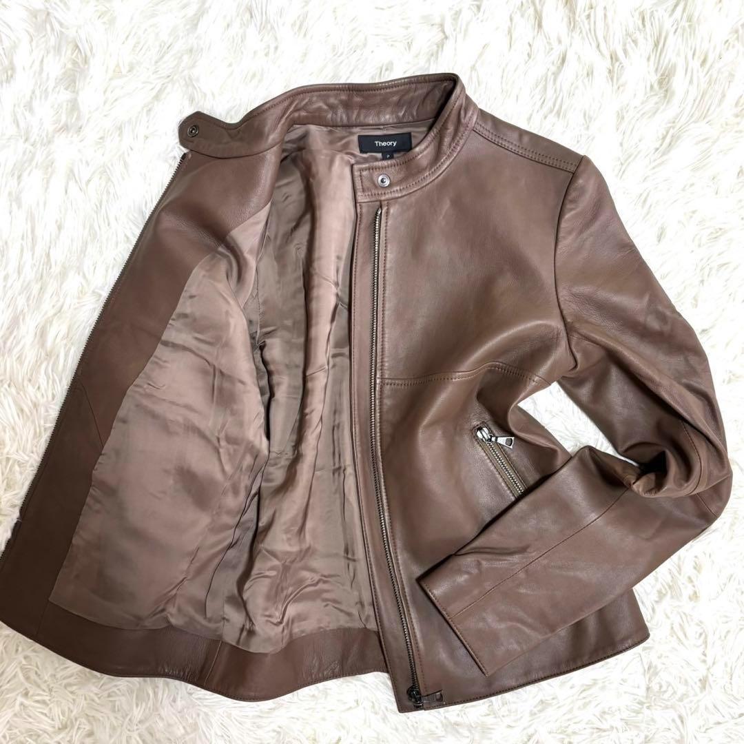 美品】セオリー シングルライダースジャケット ラムレザー ブラウン
