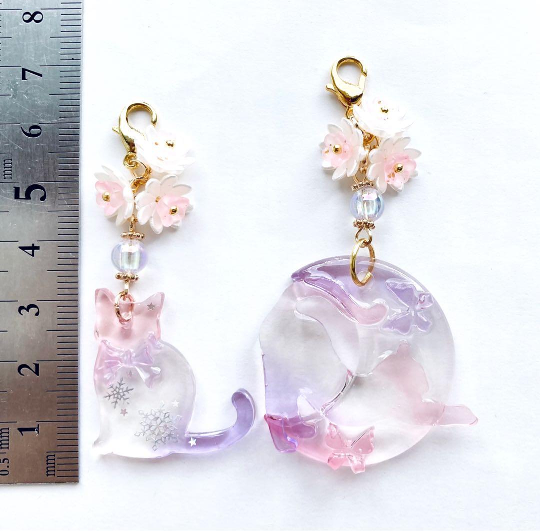 レジンチャーム 2こ セット No55 猫 花 月 雪 蝶 リボン ピンク系