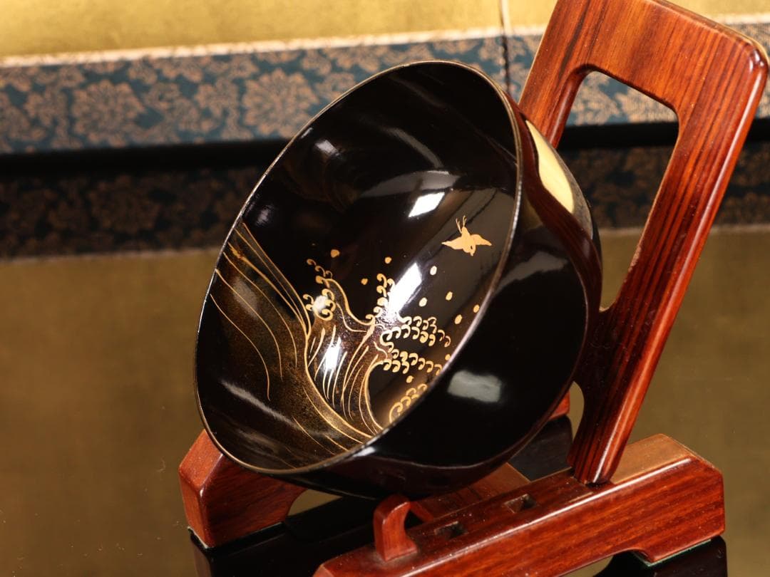 BK507 時代輪島塗 波千鳥金蒔絵 吸物椀 五客 木製 茶道具 懐石 菓子