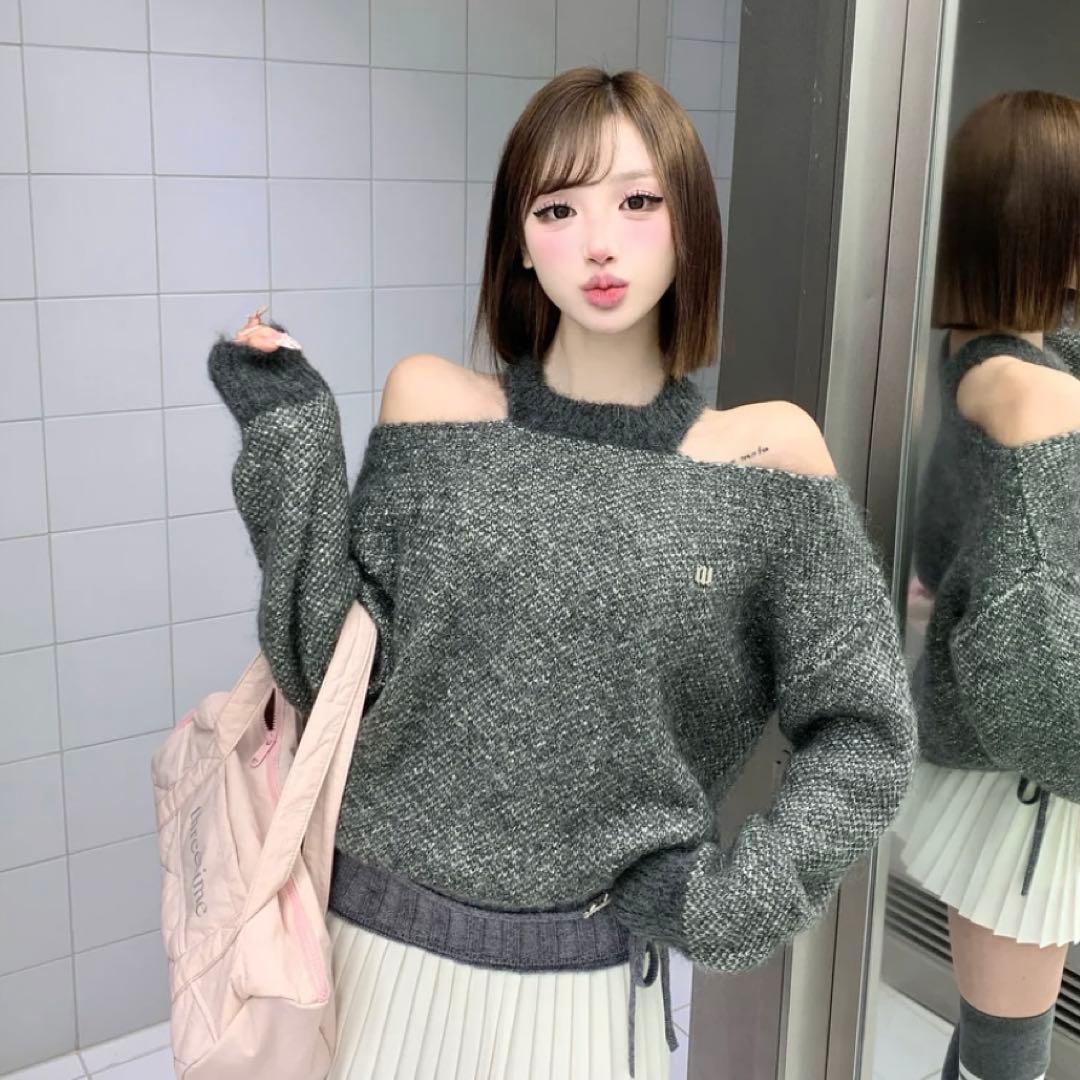 andwang Off shoulder over knit グレー - メルカリ