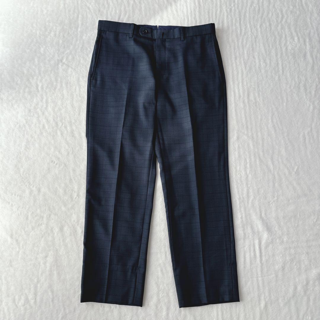 【美品】ユニバーサルランゲージ　スリーピース　スーツ　チェック柄　ネイビー