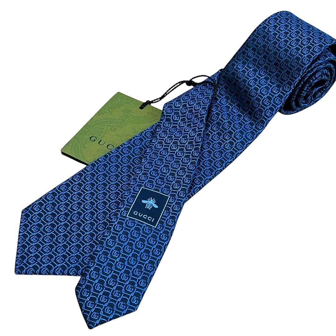 未使用 タグ付き 現行 グッチ GG柄 ダブルG 蜂 ネイビー ブルー 総柄
