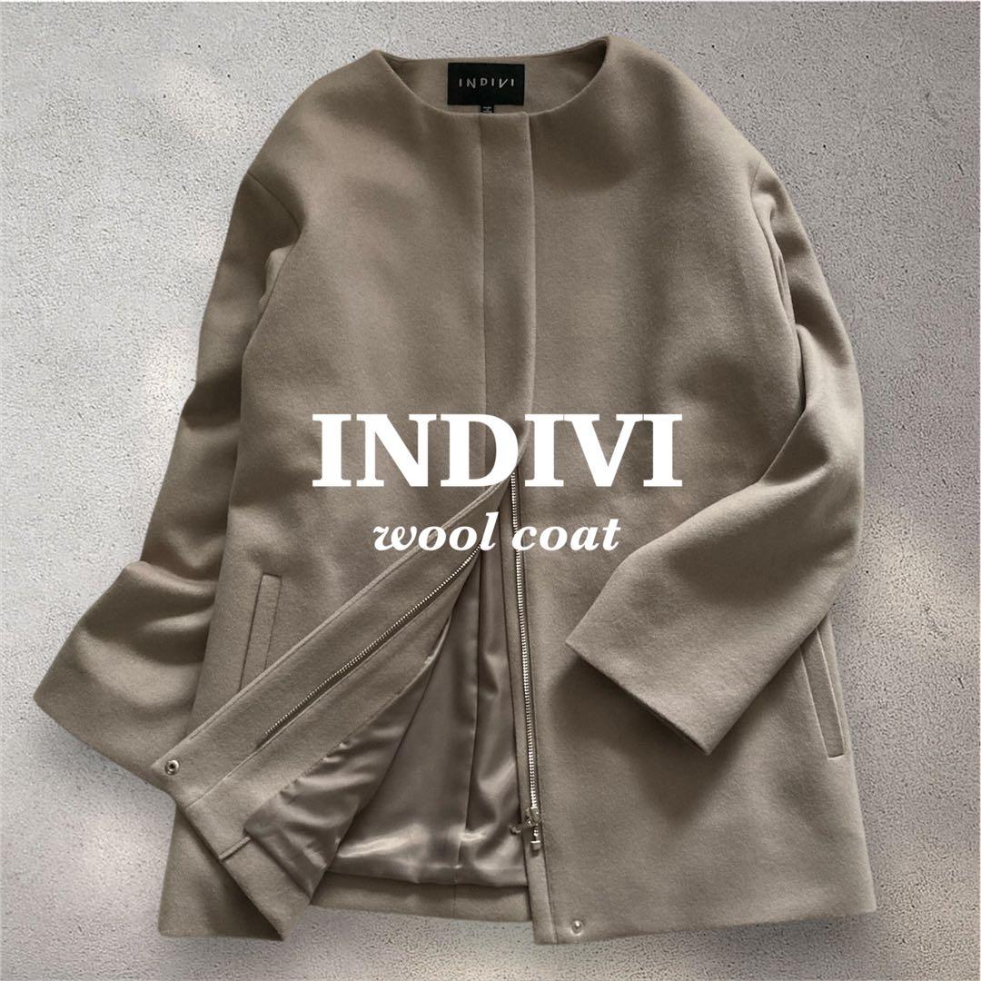 【美品】INDIVI 定価4.4万 2023AW ノーカラーコート ウール100 WEB限定/ウール100%】ノーカラーロングコート（ノーカラーコート