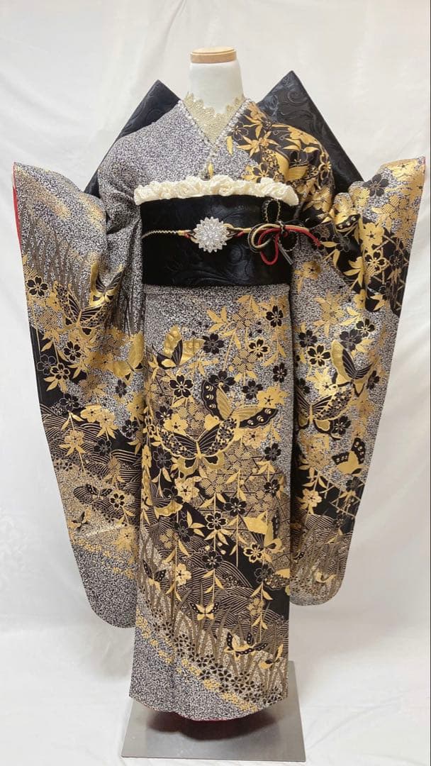 黒灰 金彩 金箔 蝶模様 逸品 振袖 フルセット 袖振袖7点セット 成人式