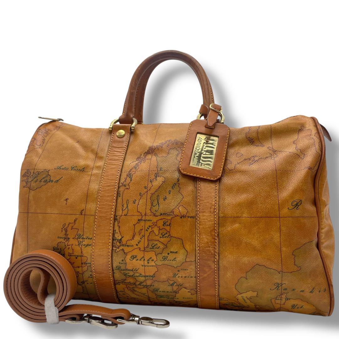 美品✨プリマクラッセ 2way ボストンバッグ PVC×レザー 地図柄 チャーム 新品】プリマクラッセ ボストンバッグ 地図柄 PVC レザー ブラウン