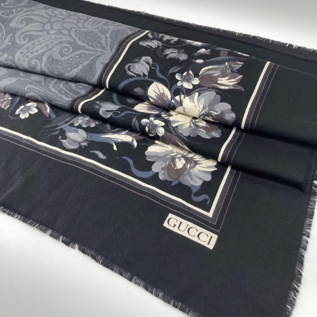 13027✨良品✨GUCCI 大判ストール ショール ウール ブラック 花柄
