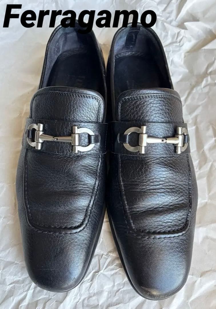 フェラガモ メンズ レザーローファー 金属バックル付き ブラック サイズ9.5 FERRAGAMO（フェラガモ） Salvatore Ferragamo サルバトーレフェラガモ